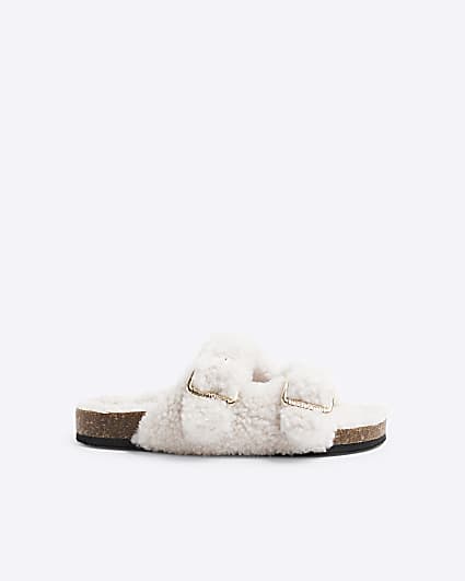 Girls Cream Borg Footbed Slippers