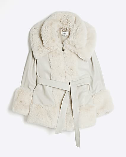 Girls Cream Faux Fur Belted Coat