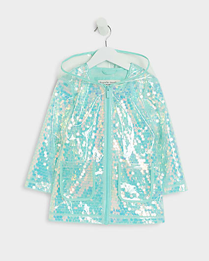 Mini girls blue sequin hooded rain coat