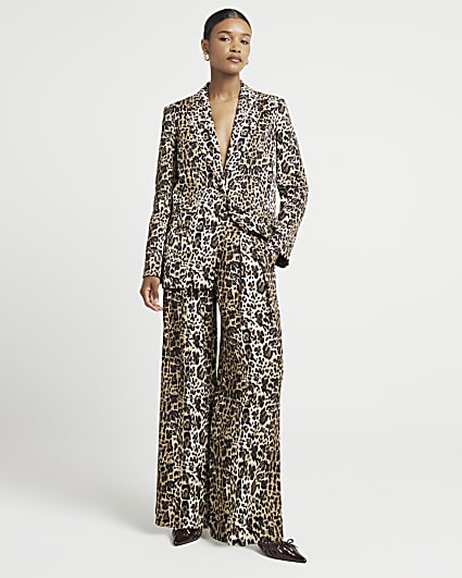 Brown leopard print wide leg trousers