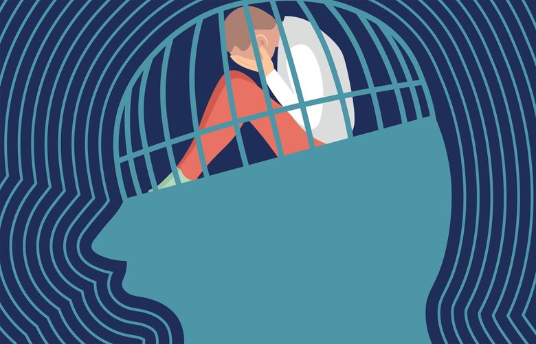 sad person is siting and crying in a screaming head prison. Concept of  depression. Flat vector illustration.