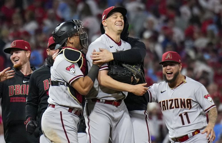 Arizona Diamondbacks relief pitcher Paul Sewald celebrates their win against the Philadelphia Phillies in Game 7 of the baseball NL Championship Series in Philadelphia Wednesday, Oct. 25, 2023. (AP Photo/Matt Slocum) NLCS161 NLCS161