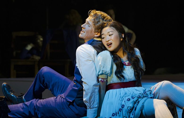 Ricky Spaulding and Caitlin Sarwono star as naive, enraptured teens Melchior and Wendla in The 5th Avenue Theatre’s production of “Spring Awakening.”