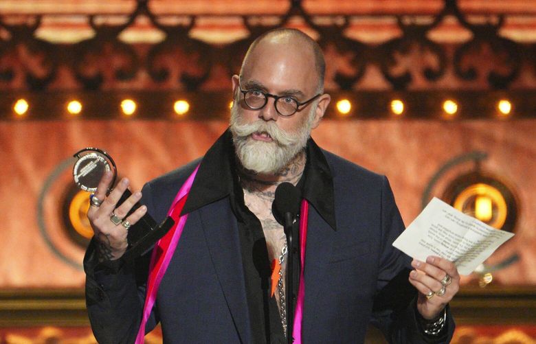 David Zinn, accepts the Tony Award for best scenic design for a play, for his work on “Stereophonic,” at the Lincoln Center in New York on Sunday, June 16, 2024. (Sara Krulwich/The New York Times) XNYT0708 XNYT0708