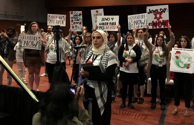 Safa Peera, of Seattle, speaks at the Washington State Democrats convention on Sunday, June 23, 2024 in Bellevue. State Democrats passed three resolutions concerning the war in Gaza, including a call for a ceasefire.