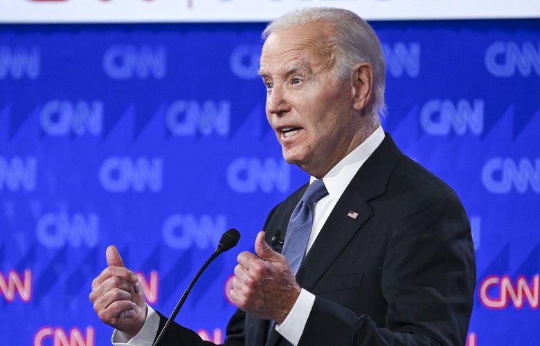 President Joe Biden speaks during the first 2024 presidential election debate with former President Donald Trump at CNN’s headquarters in Atlanta, on Thursday, June 27, 2024. (Kenny Holston/The New York Times) XNYT0755 XNYT0755