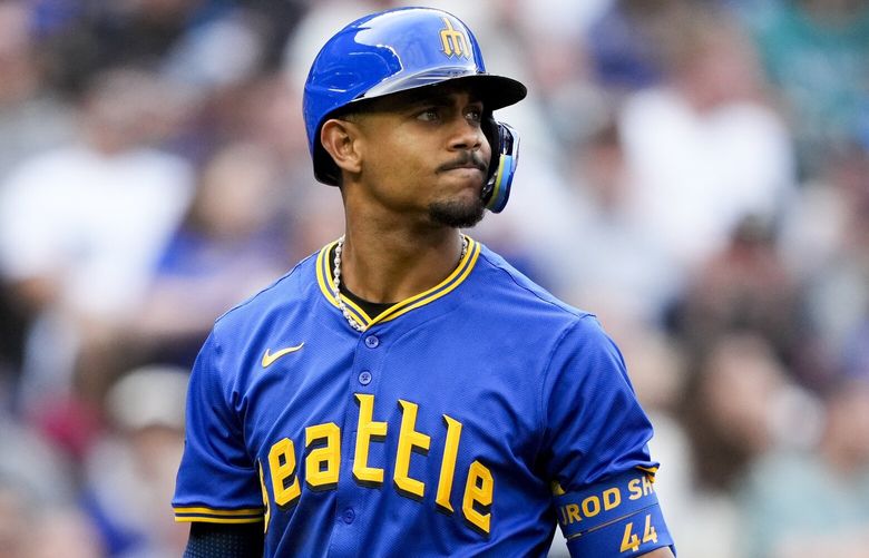 Seattle Mariners’ Julio Rodríguez reacts to striking out against Minnesota Twins starting pitcher Bailey Ober during the fourth inning of a baseball game Friday, June 28, 2024, in Seattle. (AP Photo/Lindsey Wasson) WALW512 WALW512