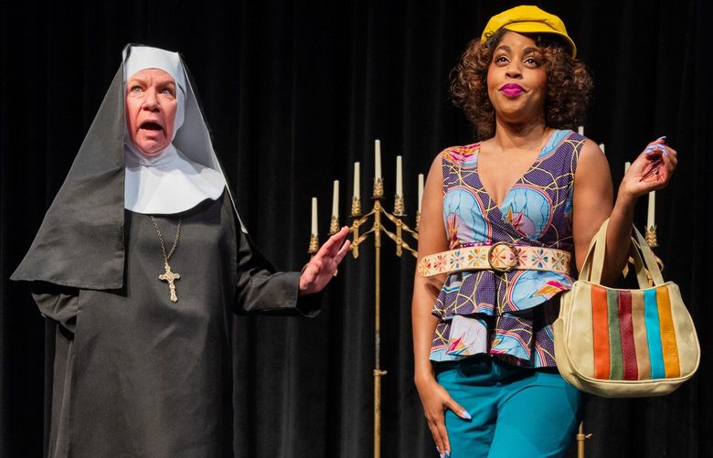 Anne Allgood as Mother Superior and Alexandria J. Henderson as the soon-to-be Sister Mary Clarence in ‘Sister Act’ the musical at Taproot Theatre.