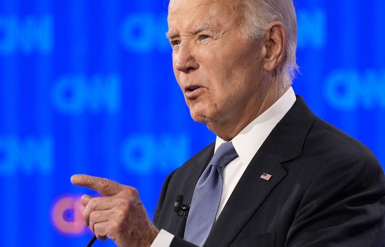 President Joe Biden speaks during a presidential debate with Republican presidential candidate former President Donald Trump, Thursday, June 27, 2024, in Atlanta. (AP Photo/Gerald Herbert) GAGH583 GAGH583