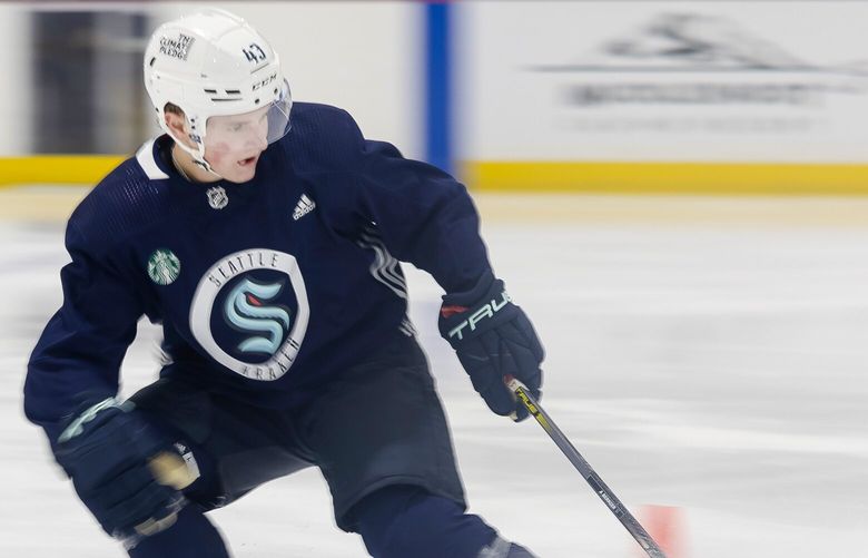 Kraken defenseman Alexis Bernier participates in a timed skating agility drill during a rookie development camp on Wednesday, July 3, 2024, in Seattle. 227293