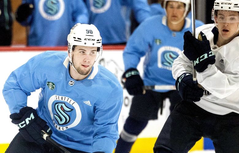 Kraken forward Nathan Villeneuve controls the puck during a 3-on-3 session of the team’s rookie development camp on Wednesday, July 3, 2024, in Seattle. 227293