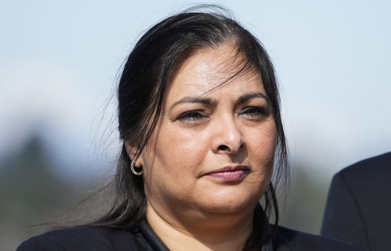 Sen. Manka Dhingra, D-Redmond, looks on ahead of the signing of several bills aimed at protecting reproductive health and gender-affirming care by Gov. Jay Inslee in Washington, Thursday, April 27, 2023, at the University of Washington’s Hans Rosling Center for Population Health in Seattle. (AP Photo/Lindsey Wasson)