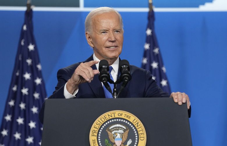 President Joe Biden speaks at a news conference following the NATO Summit in Washington, Thursday, July 11, 2024. (AP Photo/Susan Walsh) DCSW669 DCSW669