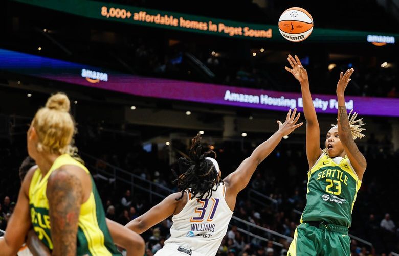 Jordan Horston puts up the step back jumper in the second half.  The Phoenix Mercury played the Seattle Storm in preseason WNBA Basketball Tuesday, May 7, 2024 at Climate Pledge Arena, in Seattle, WA. 226782