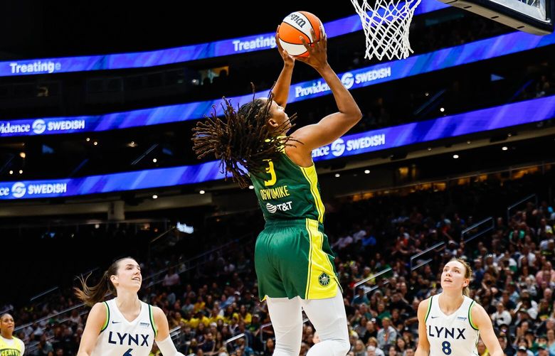 The Storm finds Nneka Ogwumike between defenders in the low post, and she makes the score to give the Storm a 42-26 lead over the Lynx in the second quarter.  The Minnesota Lynx played the Seattle Storm in WNBA Basketball Friday, July 12, 2024 at Climate Pledge Arena, in Seattle, WA. 227422