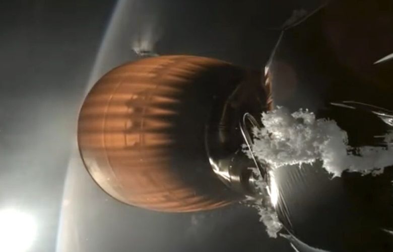 This image from video provided by SpaceX shows the upper stage engine of a SpaceX Falcon 9 rocket, which blasted off from California on Thursday, July 11, 2024. The rocket, carrying 20 Starlink satellites, malfunctioned during the blast, leaving the company’s internet satellites in a precariously low orbit. (SpaceX via AP) 