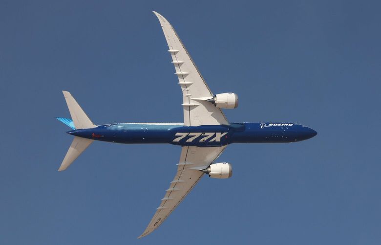 A Boeing Co. 777-9 passenger aircraft, a variant of the 777X, at the Dubai Air Show in Dubai, United Arab Emirates, on Monday, Nov. 13, 2023. The 2023 Dubai Air Show kicked off on Monday with high expectations of large deals, continuing the prevailing theme of this year that’s seen airlines commit to huge orders. Photographer: Christopher Pike/Bloomberg 776063081