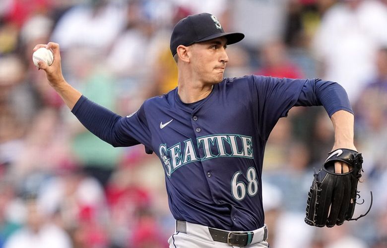 Seattle Mariners starting pitcher George Kirby throws to the plate during the first inning of a baseball game against the Los Angeles Angels Saturday, July 13, 2024, in Anaheim, Calif. (AP Photo/Mark J. Terrill) ANS101 ANS101