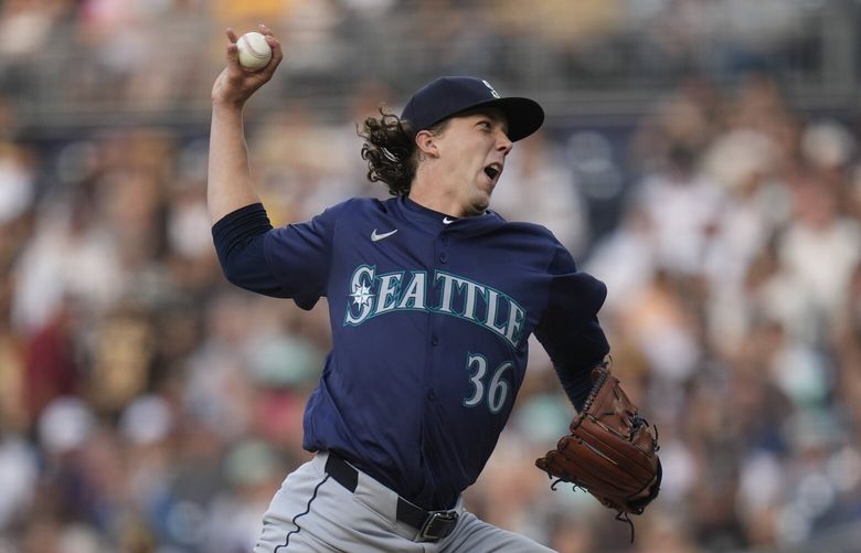 Seattle Mariners starting pitcher Logan Gilbert works against a San Diego Padres batter during the second inning of a baseball game Tuesday, July 9, 2024, in San Diego. (AP Photo/Gregory Bull) CAGB211 CAGB211