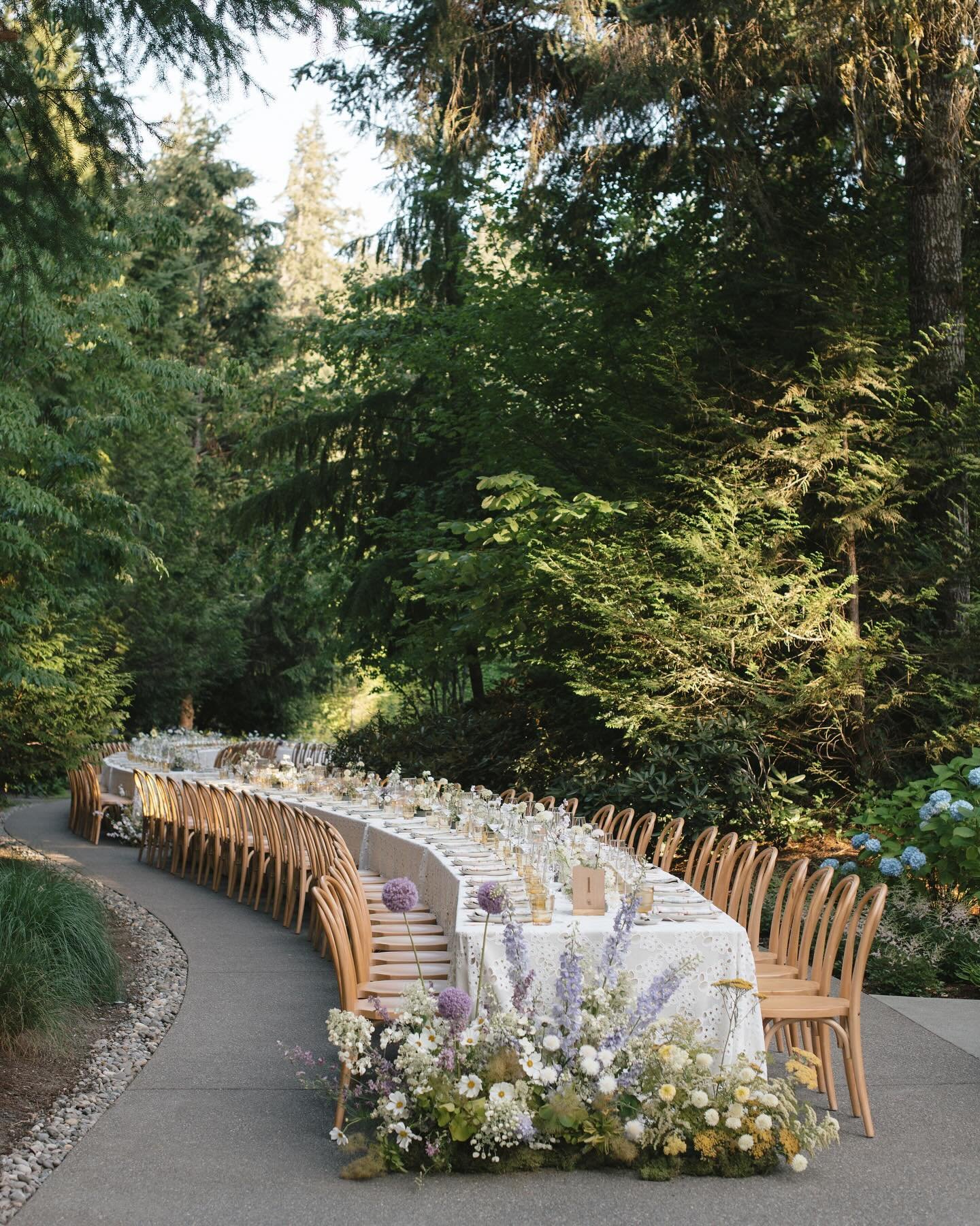 Tucked in between evergreen trees, M+T and @areneeweddings designed a trailing wedding table for their guests to enjoy an al fresco dinner. Truly a delight to see these plans come together! 

Planning and design: @areneeweddings
Photography: @kristen