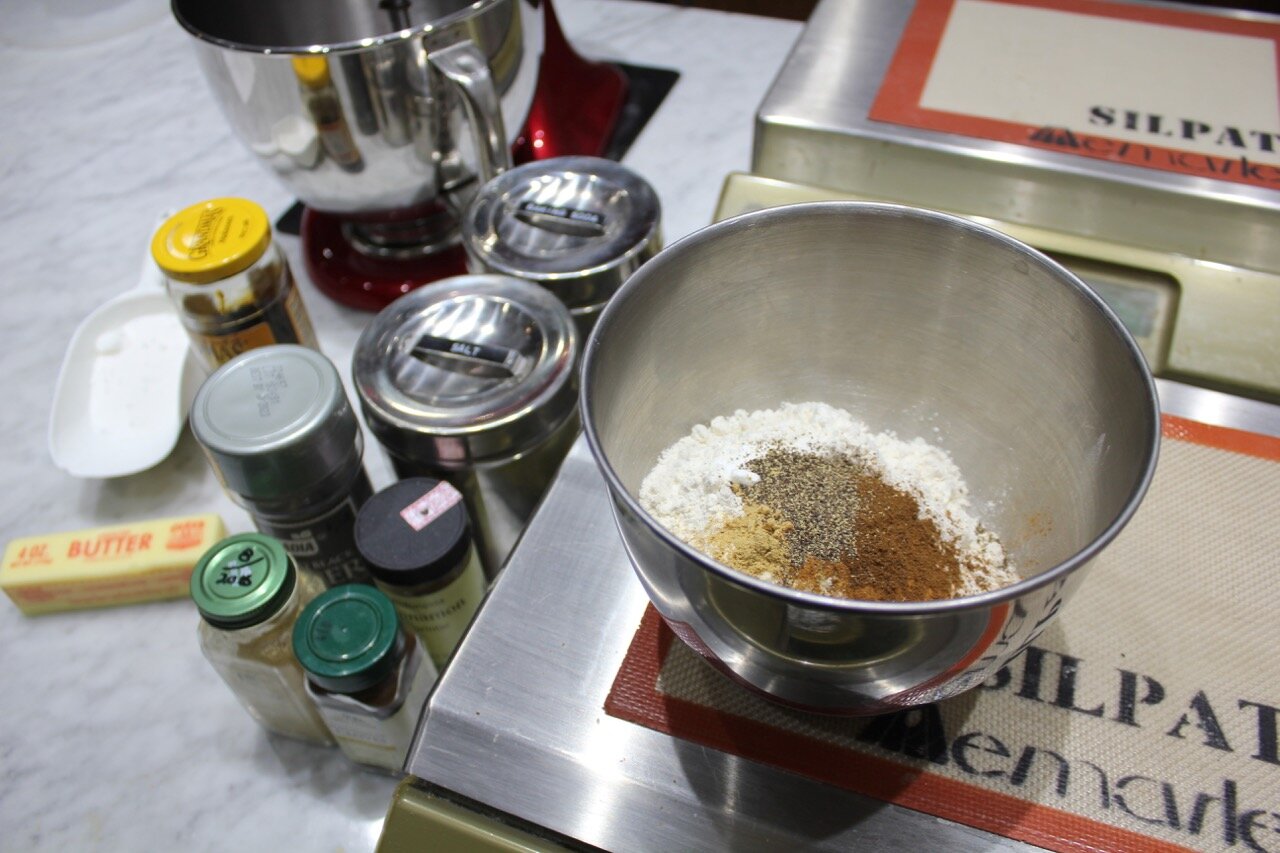 1) weighing and measuring dry ingredients 