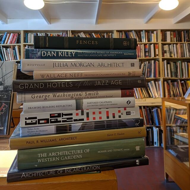 New Architecture books in today!
.
Dan Kiley, Julia Morgan, Wallace Neff - Signed! , Jazz age hotels, George Washington Smith, Santiago Calatrava drawings, Good Ponti, Tadao Ando, Paul Williams, and the Architecture of incarceration. .
Not pictured, 