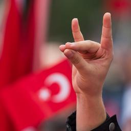 Eine Hand zeigt den Wolfsgruß vor einer türkkischen Flagge