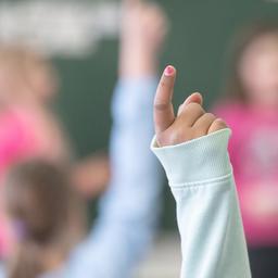 Eine Schülerin streckt während des Unterrichts die Hand hoch.