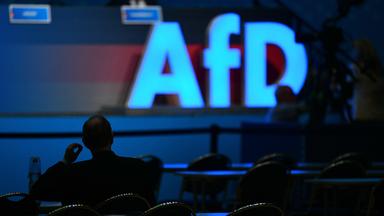 Der Schatten eines Delegierten ist vor dem leuchtenden Schriftzug "AfD" vor dem zweiten Tag des Parteitages in Essen zu sehen.