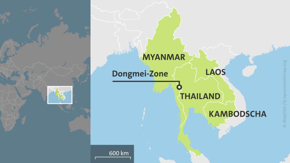 Karte: Dongmei-Zone und die Länder Thailand, Myanmar, Laos und Kambodscha