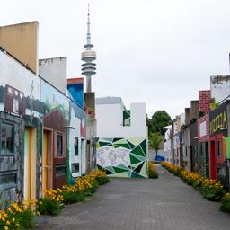 Das Studentenviertel "Olydorf" in München mit den typischen Bungalows.