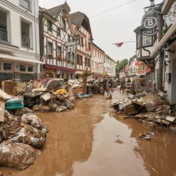 Anwohner und Ladeninhaber in Bad Neuenahr-Ahrweiler befreien ihre Häuser vom Schlamm und bringen unbrauchbares Mobiliar nach draußen.