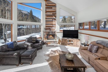 Living Room with Large Windows with Views, TV, and Fireplace