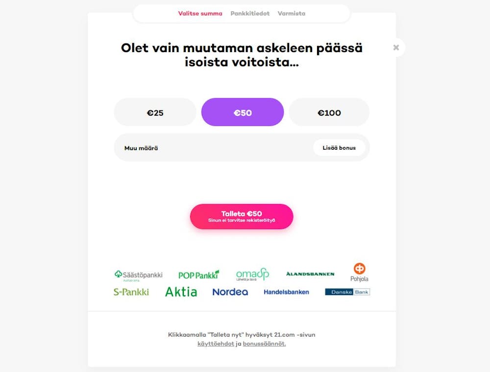 21.com Casinolle rekisteröityminen