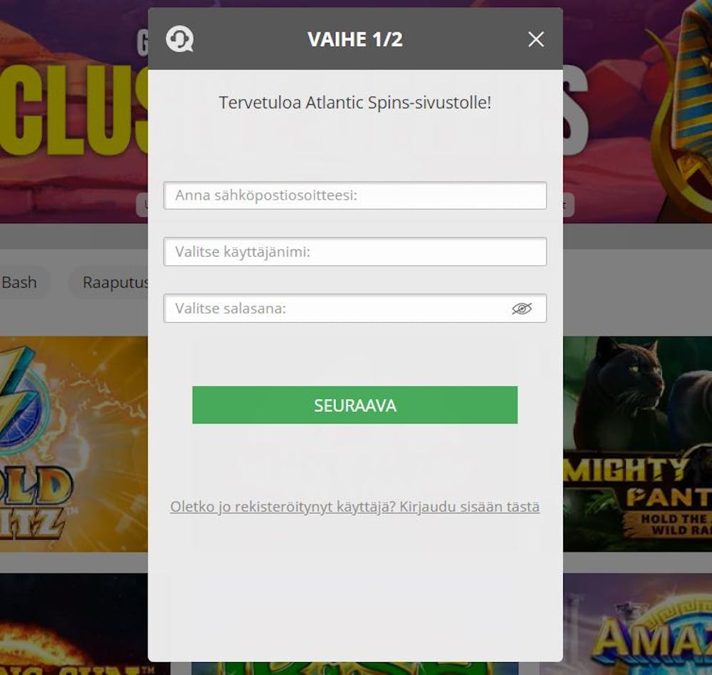 Rekisteröi uusi tili Atlantic Spins Casinolle