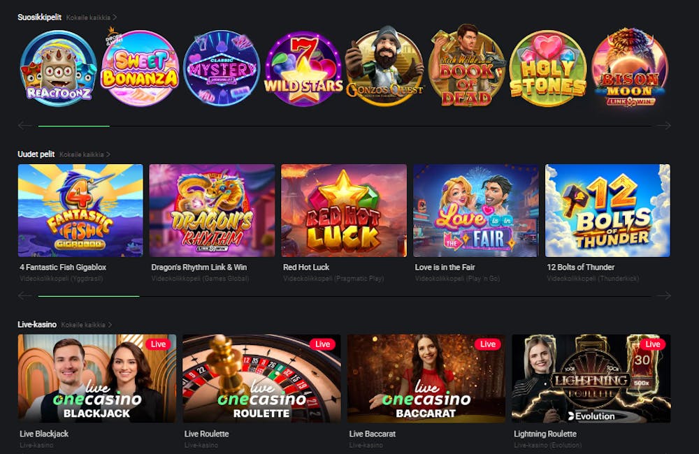 One Casino kasinon pelejä.