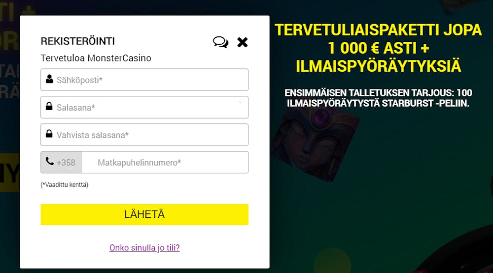 Pelitilin avaus ja rekisteröityminen Monster Casinolle.