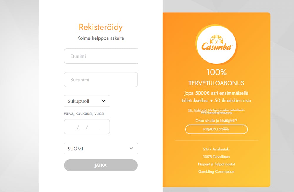 Rekisteröityminen nettikasino Casimballe.