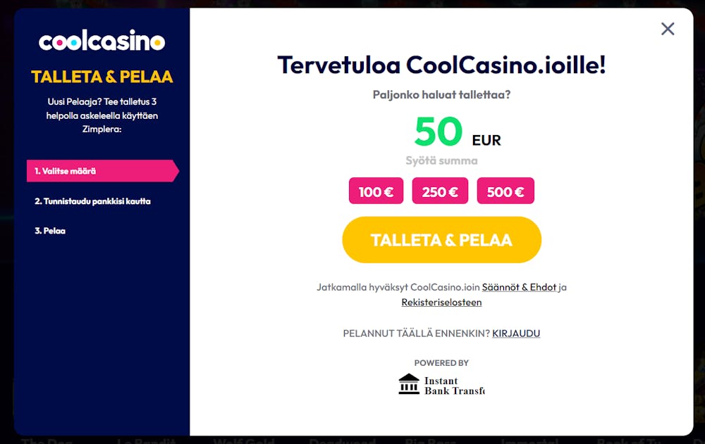 Pelitilin avaus Cool Casino nettikasinolle.