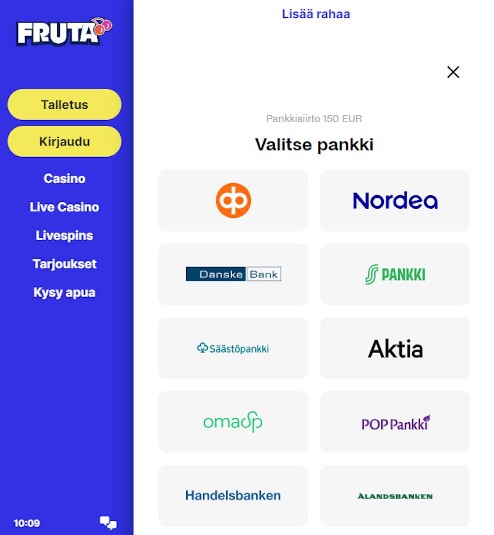 Pelitilin avaus Fruta nettikasinolla.