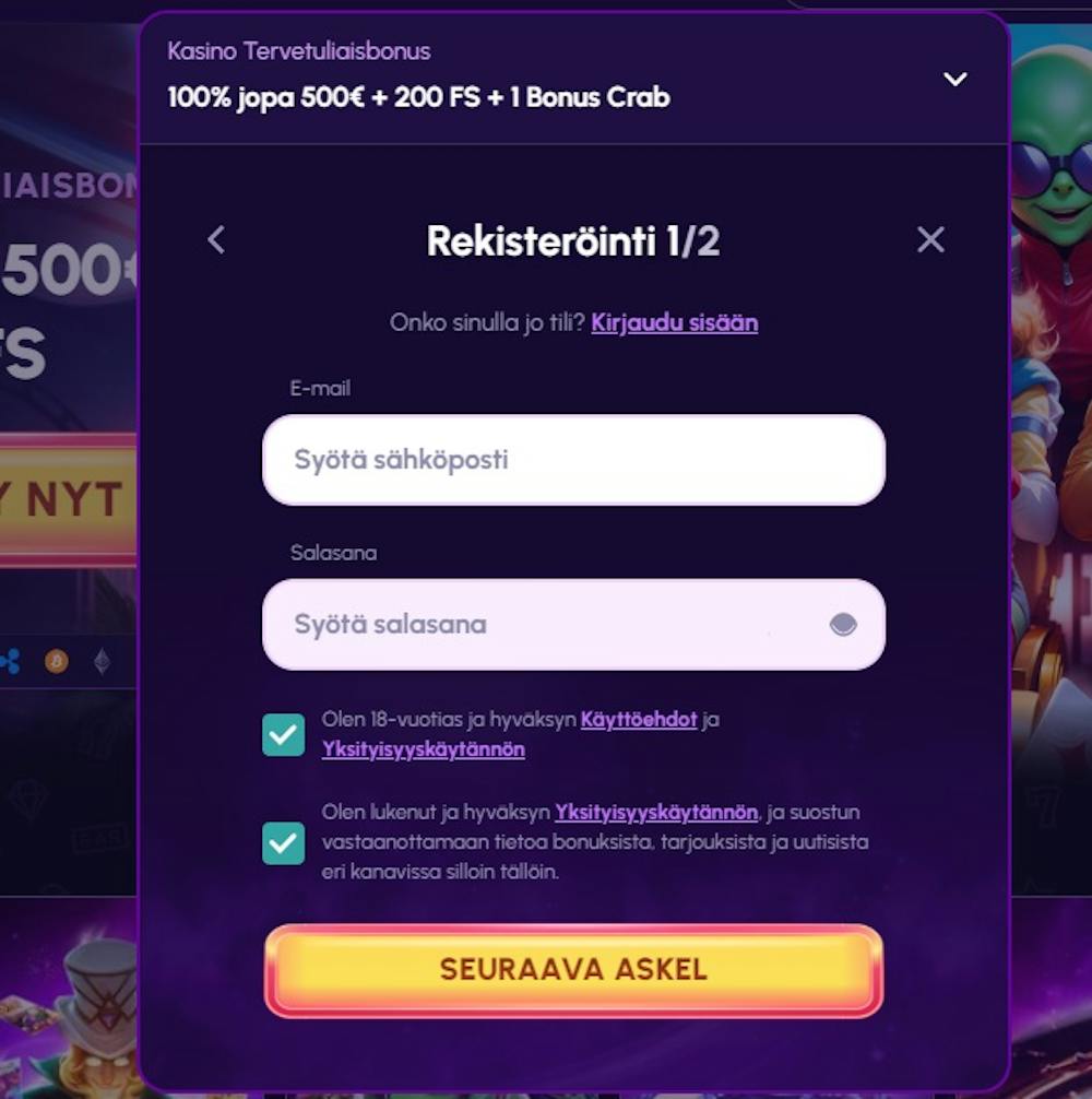 Rekisteröityminen Novajackpot nettikasinolle.