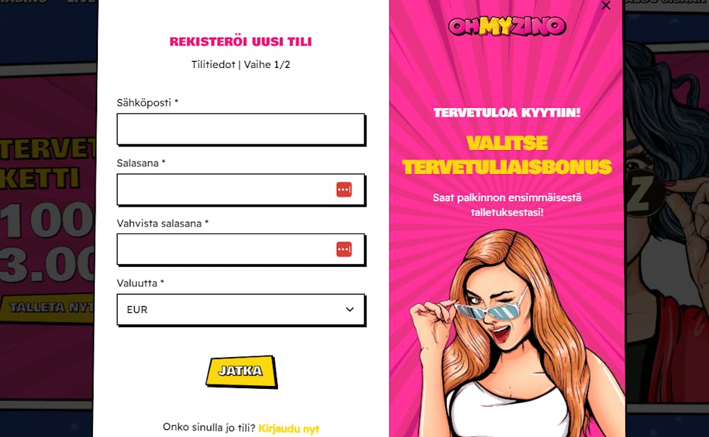 Pelitilin avaaminen ja rekisteröityminen Ohmyzino nettikasinolle.