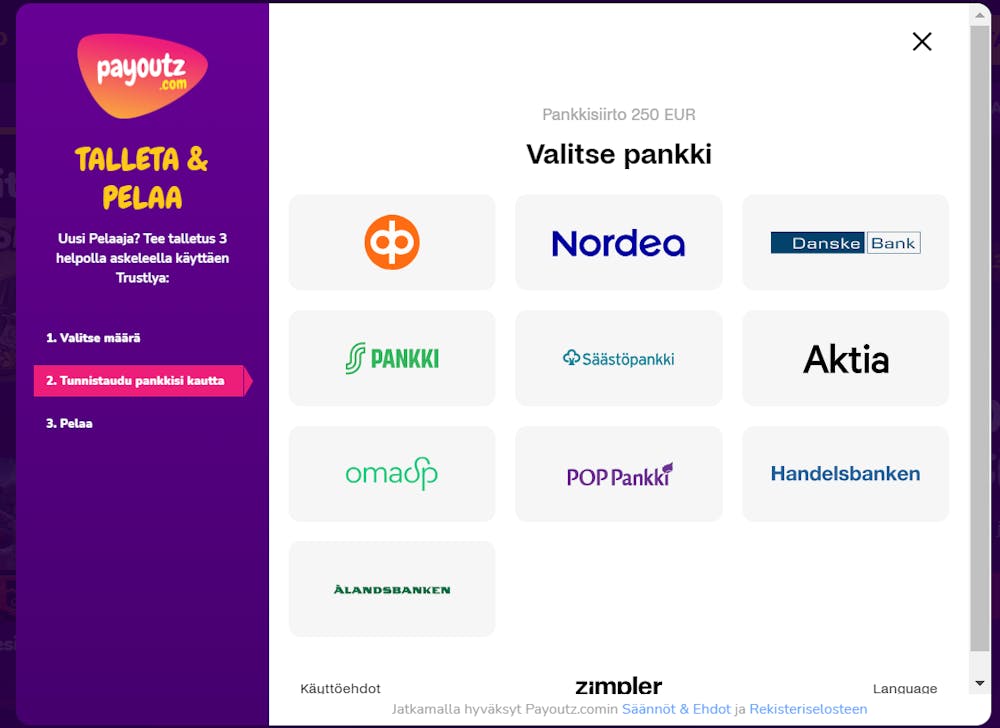 Pelitilin avaaminen Payoutz nettikasinolle.