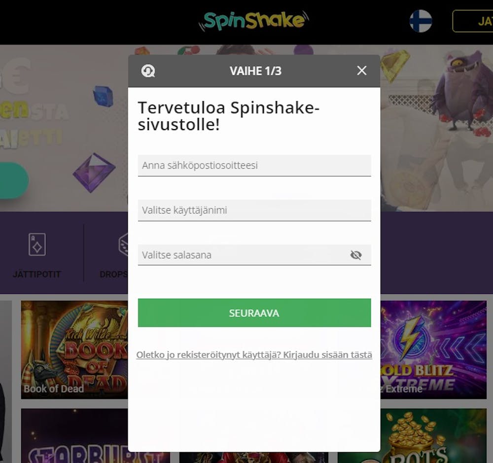 Rekisteröityminen Spin Shake kasinolle,