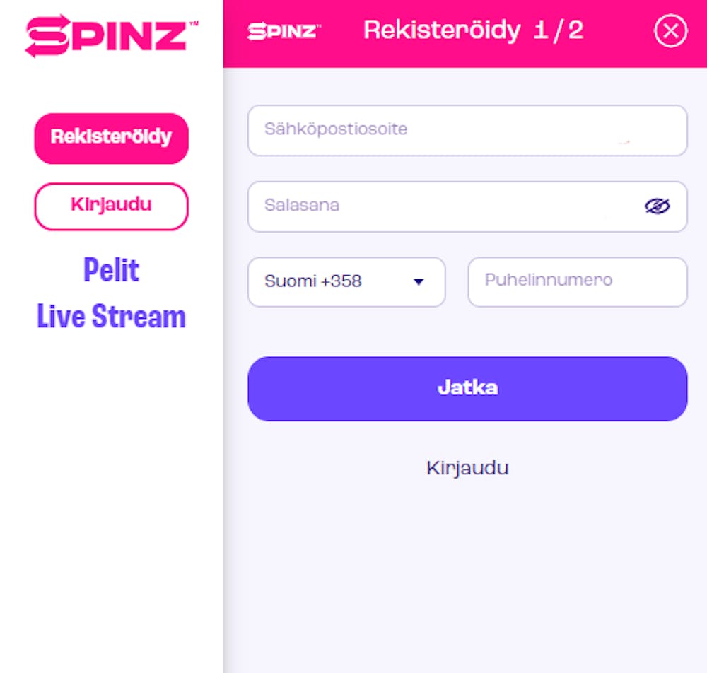 Rekisteröityminen Spinz kasinolle.