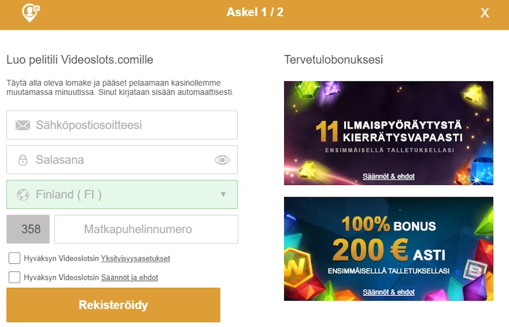 Rekisteröityminen Videoslots nettikasinolle.