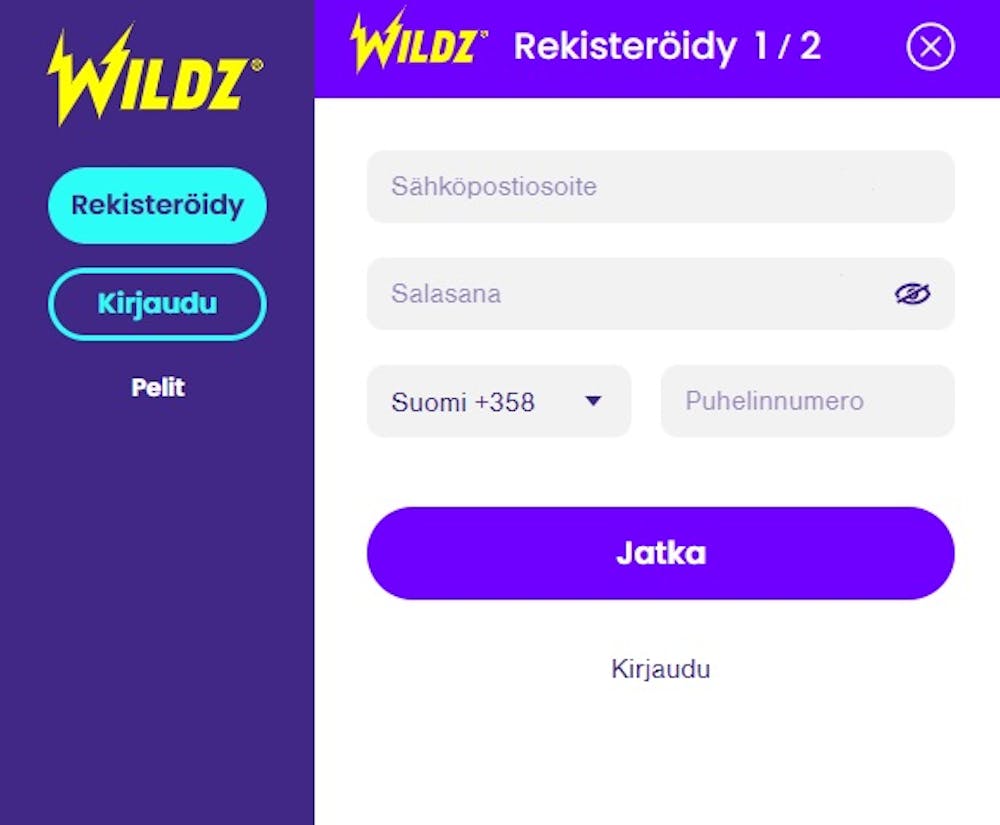 Rekisteröityminen Wildz kasinolle.