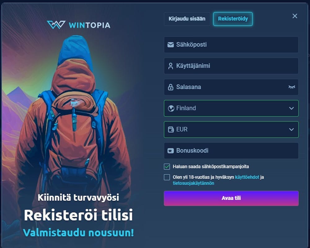 Rekisteröityminen Wintopia kasinolle.