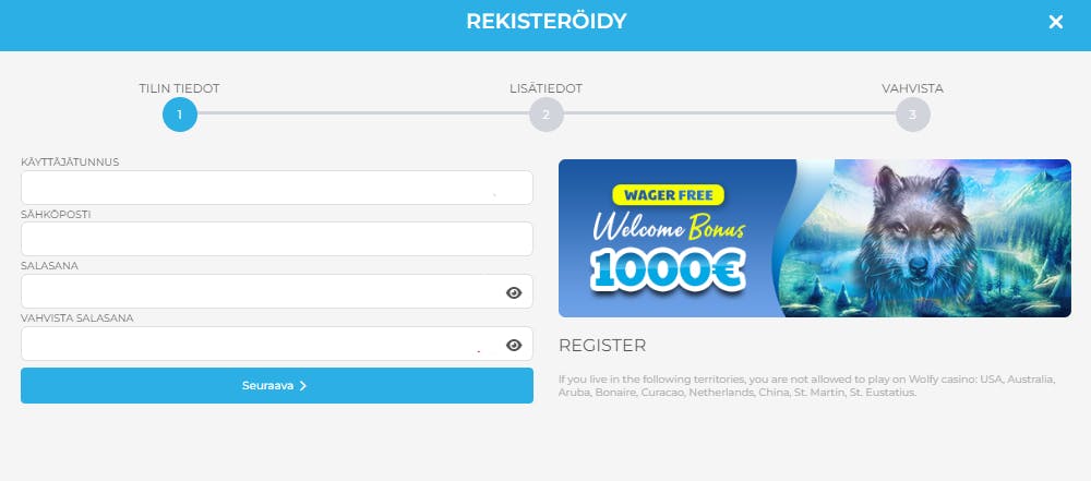 Rekisteröityminen Wolfy Casino nettikasinolle.