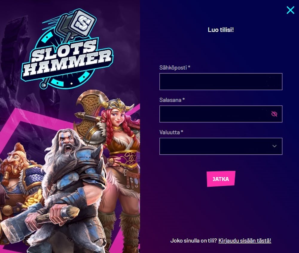 Pelitilin avaaminen Slots Hammer kasinolle.